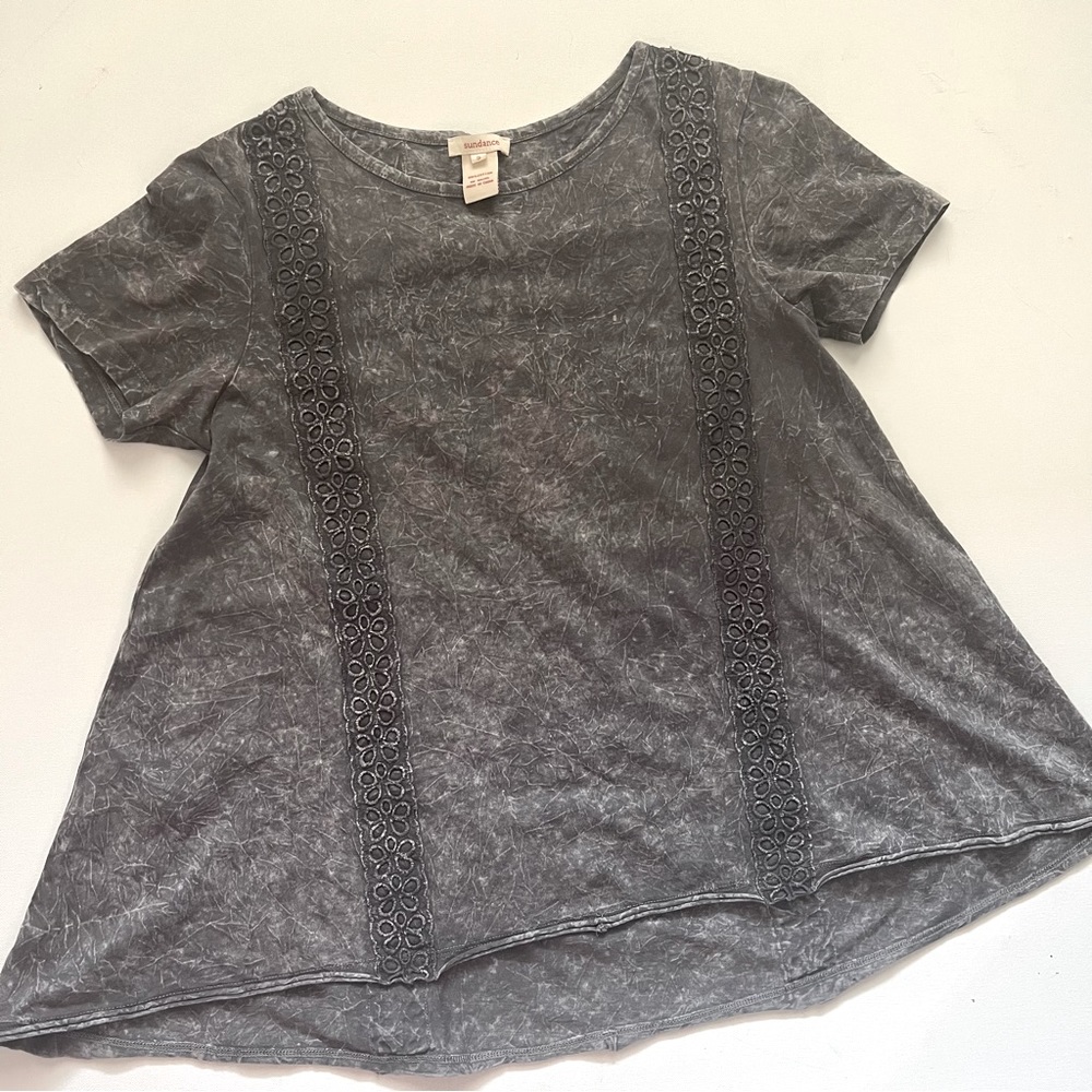 Sundance Gray Stone Wash Oversized Eyelet Short Sleeve Asymmetric Tee Size S - Picture 2 of 7